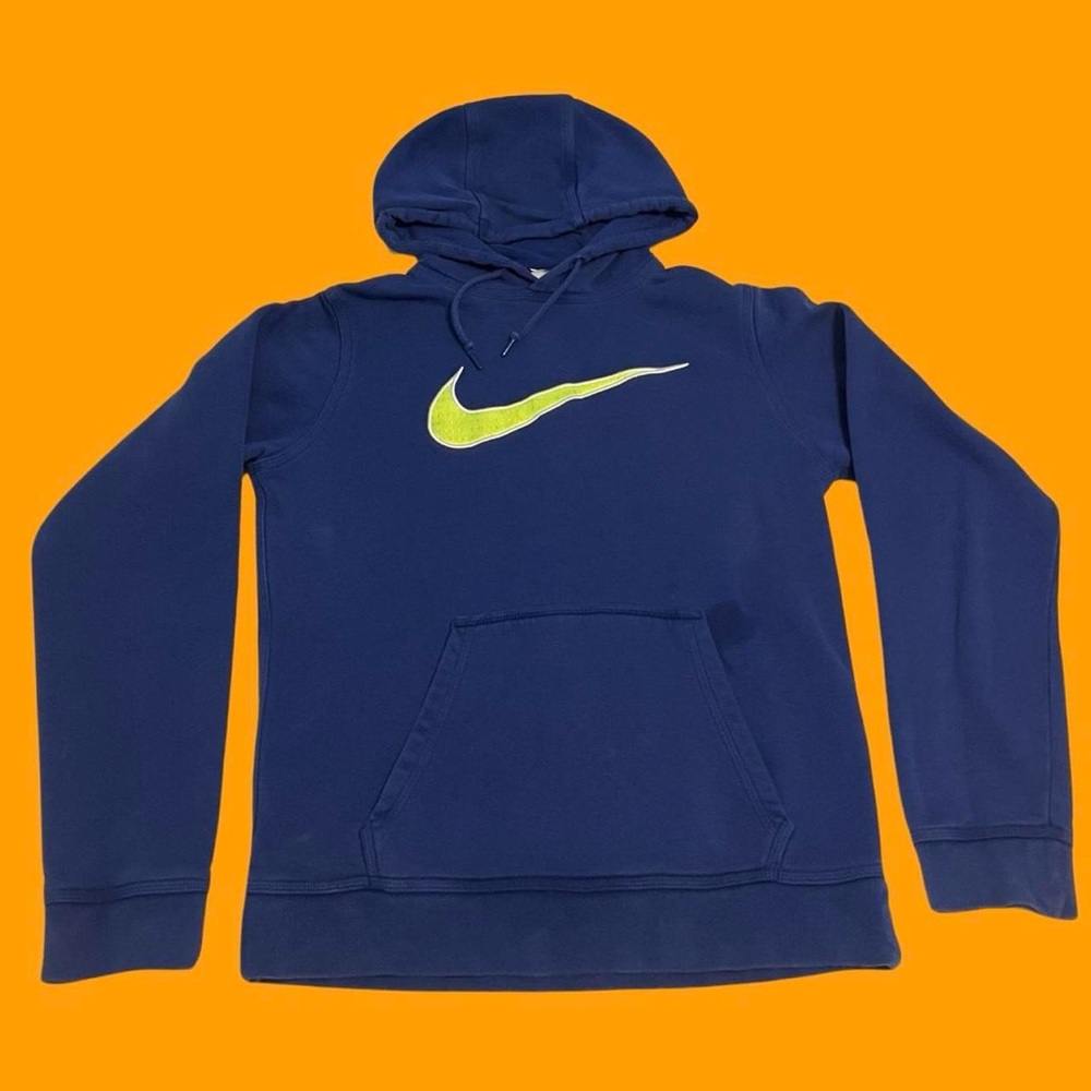Vintage 80's Nike Big Center Swoosh Hoodie Sweatshirt Blue Neon Green
